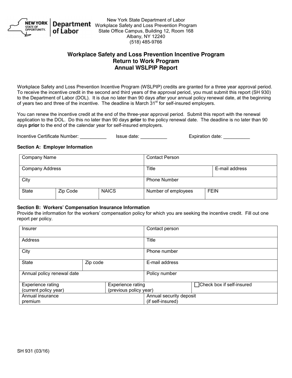Form SH931 Workplace Safety and Loss Prevention Incentive Program Return to Work Program Annual Report - New York, Page 1