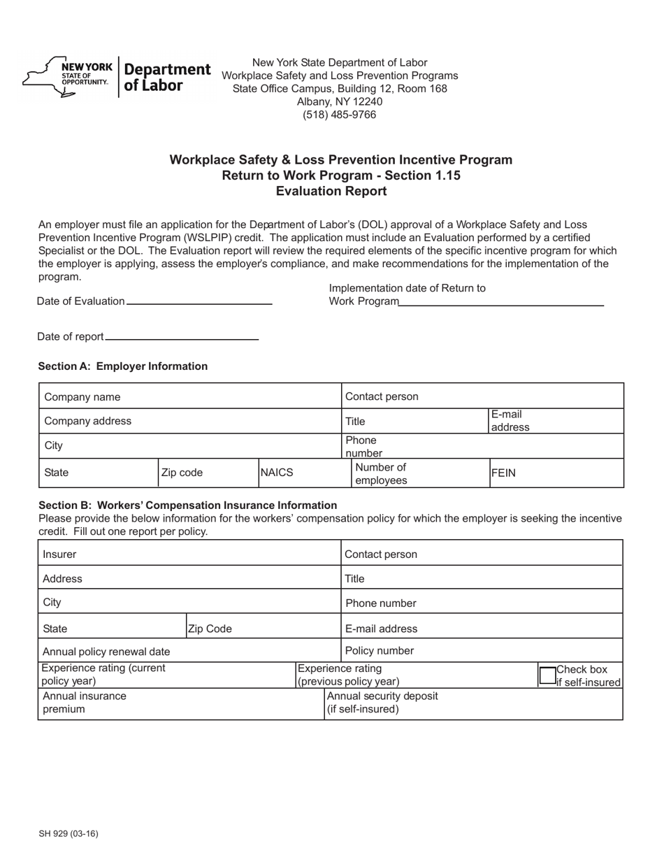 Form SH929 Workplace Safety  Loss Prevention Incentive Program Return to Work Program - Section 1.15 Evaluation Report - New York, Page 1