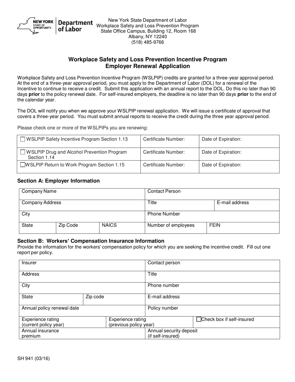 Form SH941 Workplace Safety and Loss Prevention Incentive Program Employer Renewal Application - New York, Page 1