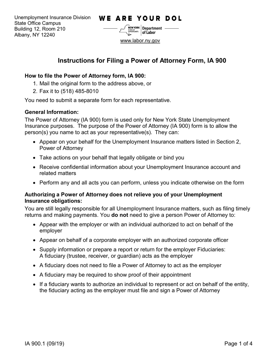 Instructions for Form IA900 Power of Attorney - New York, Page 1