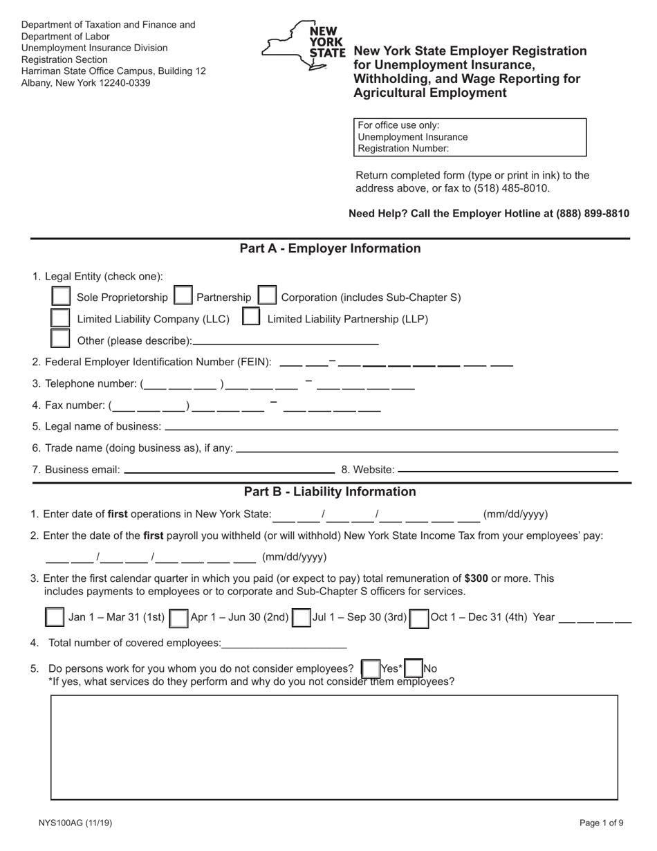 Form NYS100AG New York State Employer Registration for Unemployment Insurance, Withholding, and Wage Reporting for Agricultural Employment - New York, Page 1