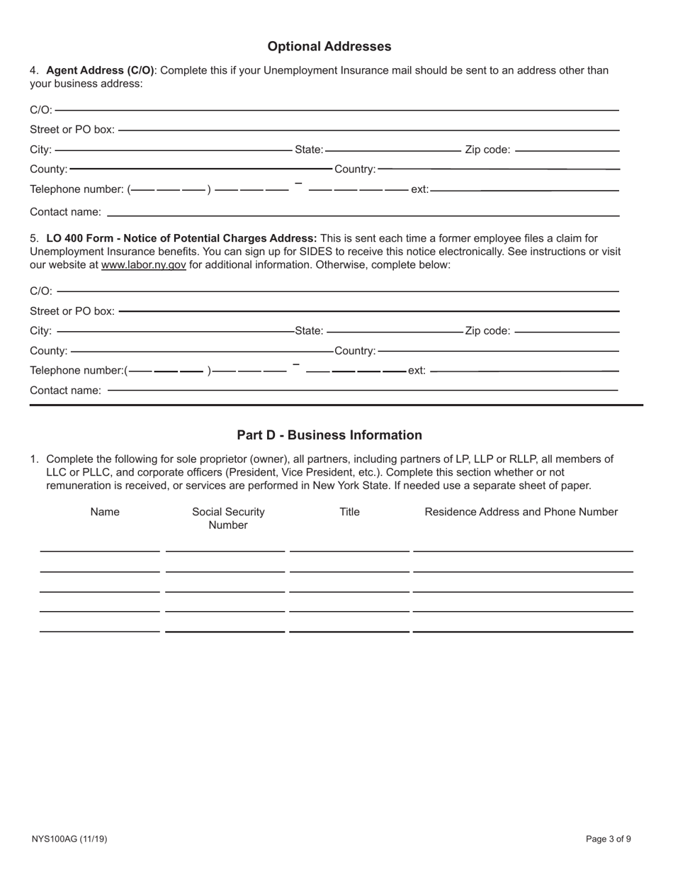 Form NYS100AG New York State Employer Registration for Unemployment Insurance, Withholding, and Wage Reporting for Agricultural Employment - New York, Page 3