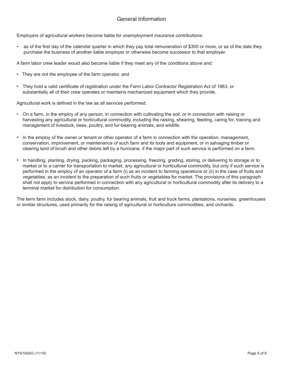 Form NYS100AG New York State Employer Registration for Unemployment Insurance, Withholding, and Wage Reporting for Agricultural Employment - New York, Page 5