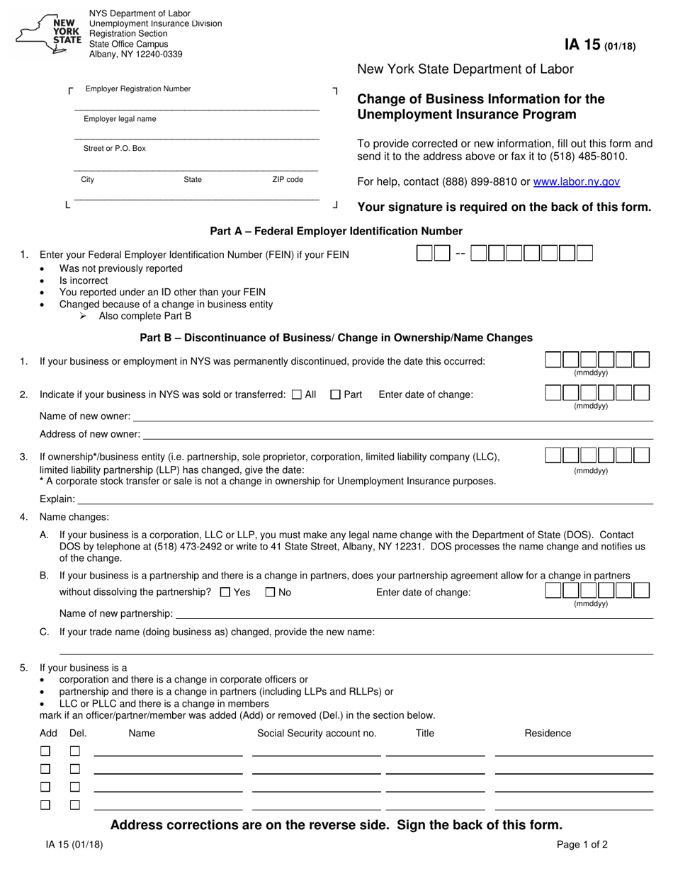 Form IA15 Change of Business Information Form - New York, Page 1