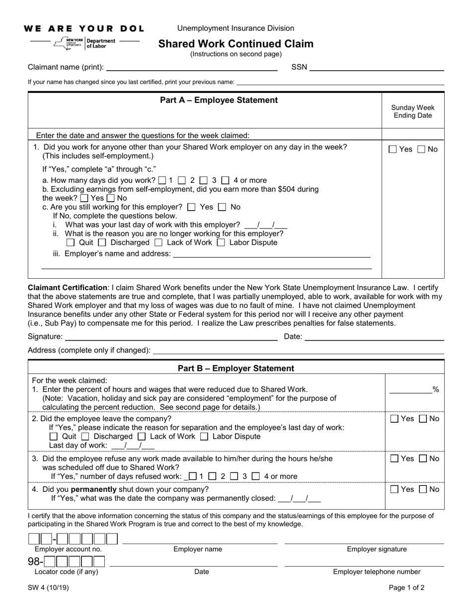 Form SW4 Shared Work Continued Claim - New York, Page 1