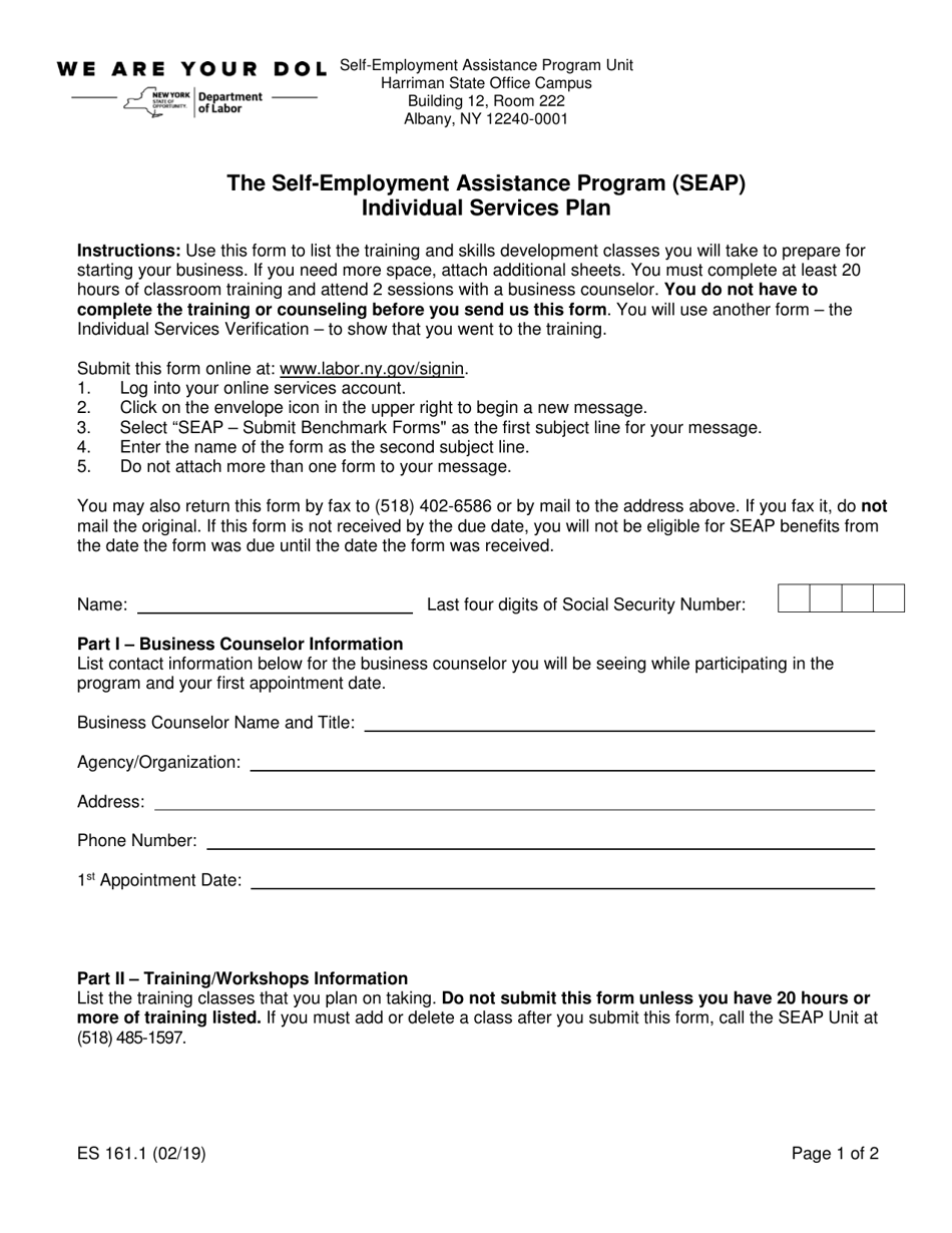 Form ES161.1 The Self-employment Assistance Program (Seap) Individual Services Plan - New York, Page 1