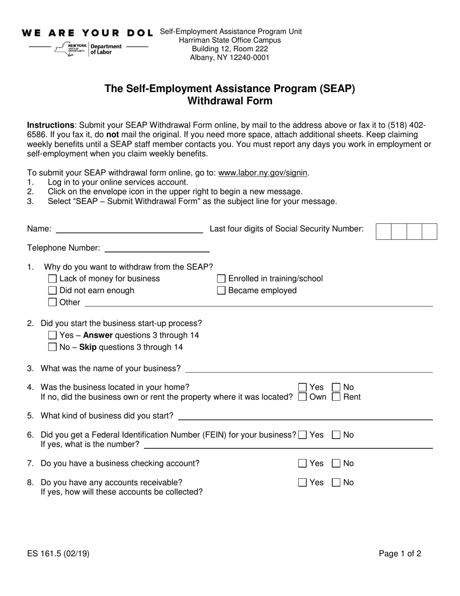 Form ES161.5 The Self-employment Assistance Program (Seap) Withdrawal Form - New York, Page 1