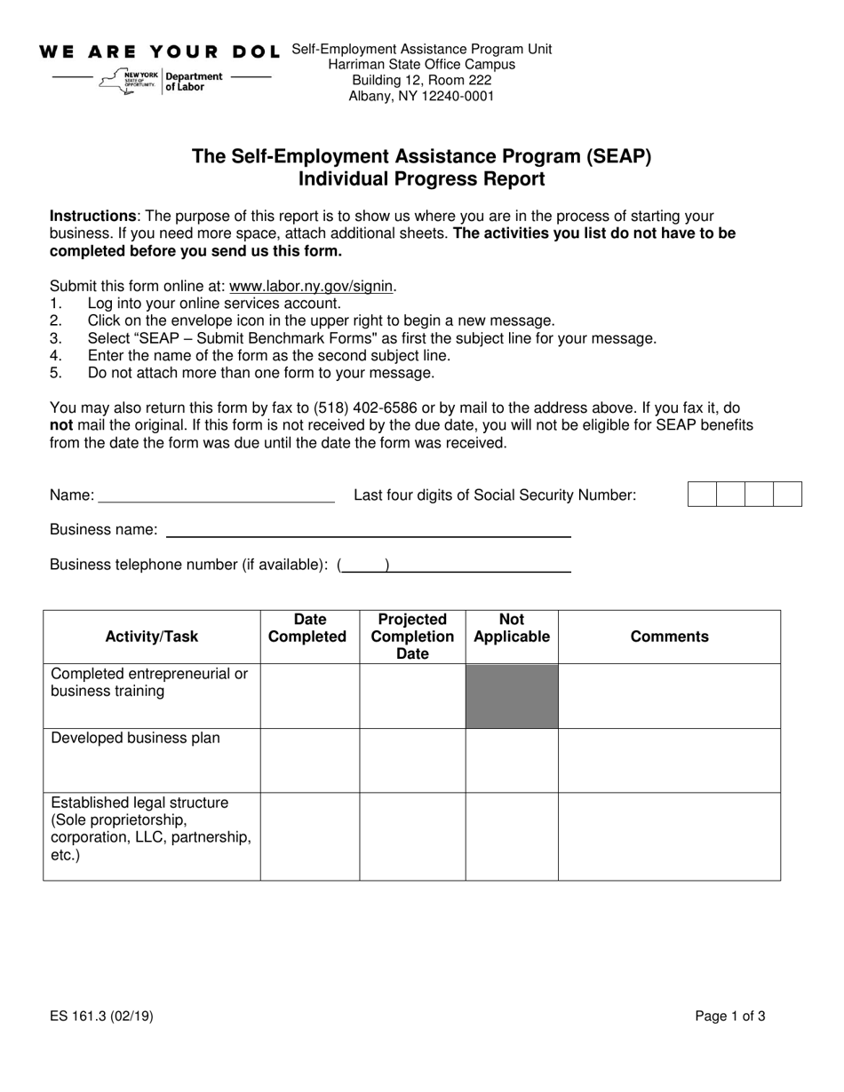 Form ES161.3 The Self-employment Assistance Program (Seap) Individual Progress Report - New York, Page 1