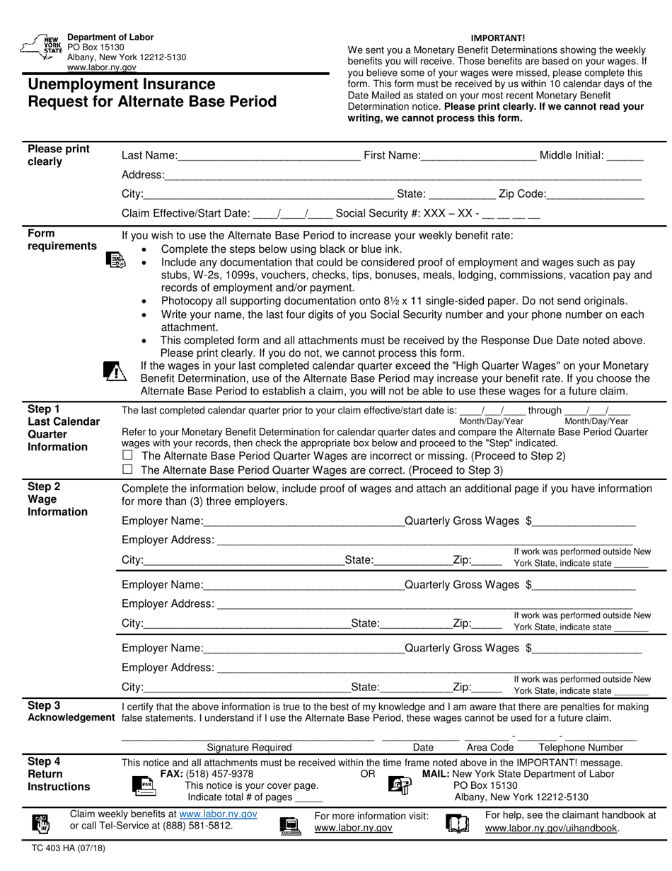 Form TC403 HA Unemployment Insurance Request for Alternate Base Period - New York, Page 1