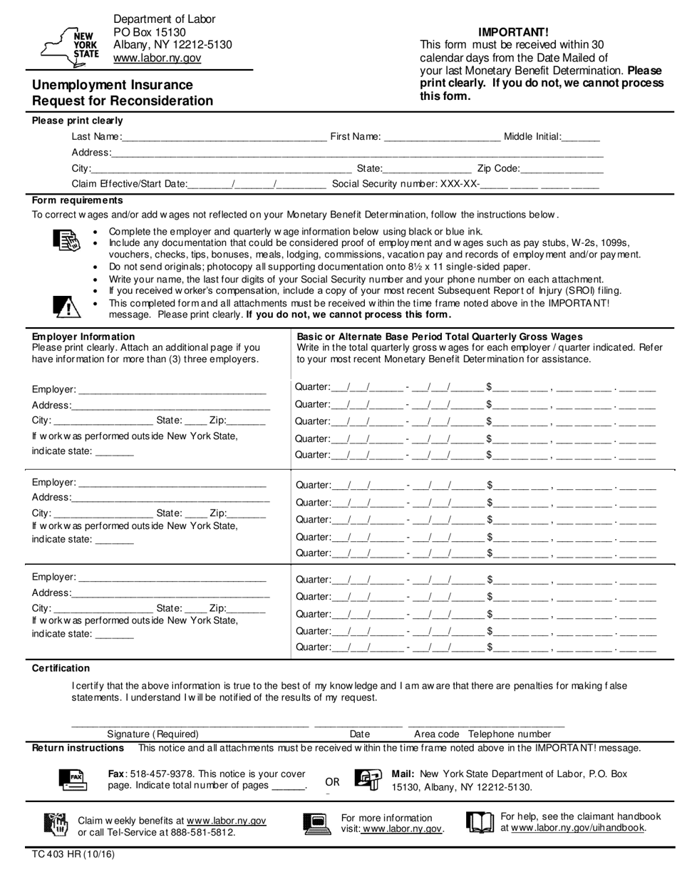 Form TC403 HR Unemployment Insurance Request for Reconsideration - New York, Page 1