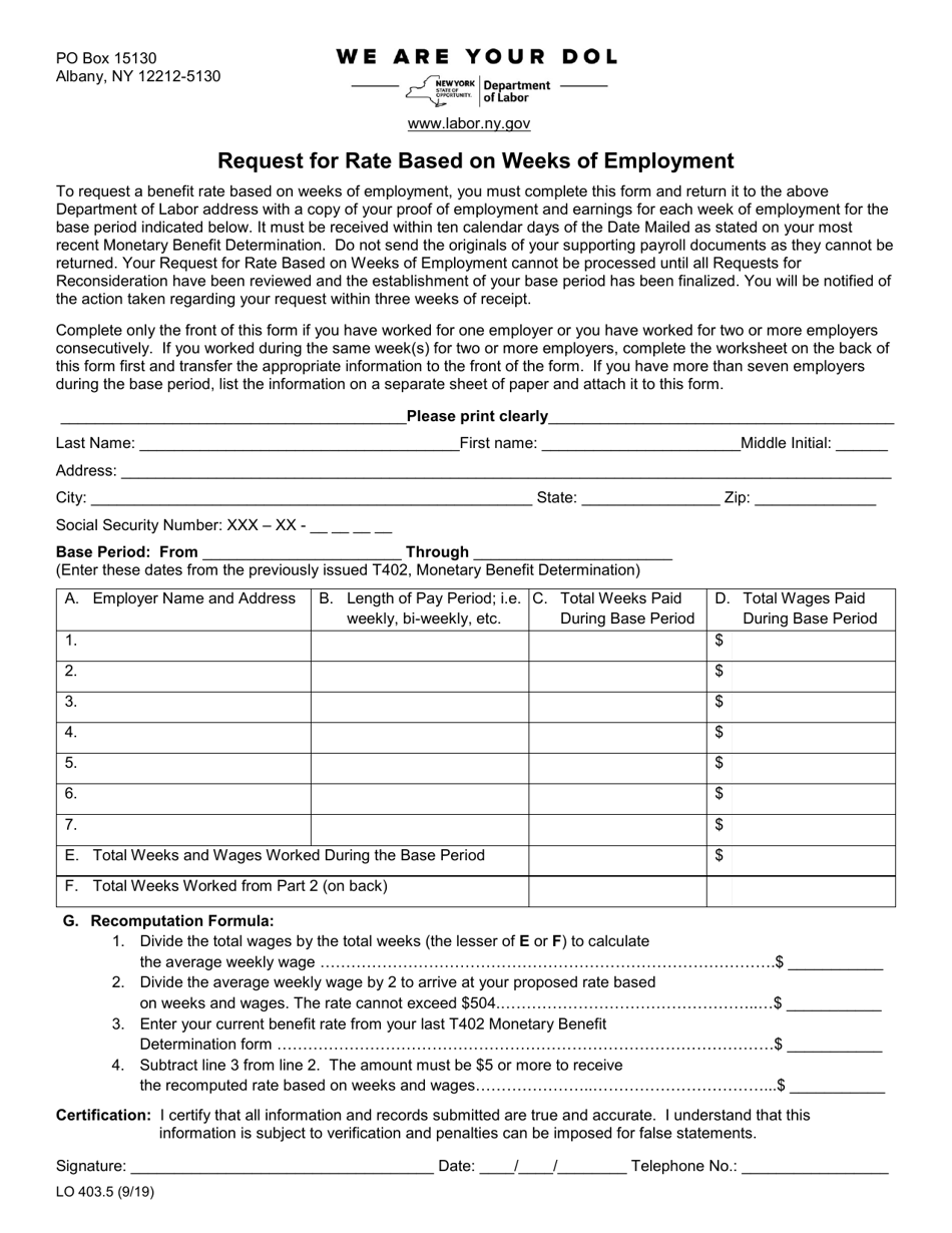 Form LO403.5 Request for Rate Based on Weeks of Employment - New York, Page 1