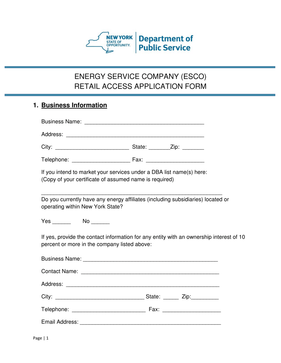 Energy Service Company (Esco) Retail Access Application Form - New York, Page 1