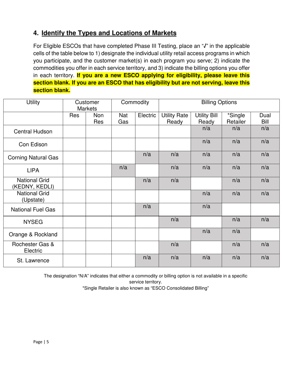 Energy Service Company (Esco) Retail Access Application Form - New York, Page 5