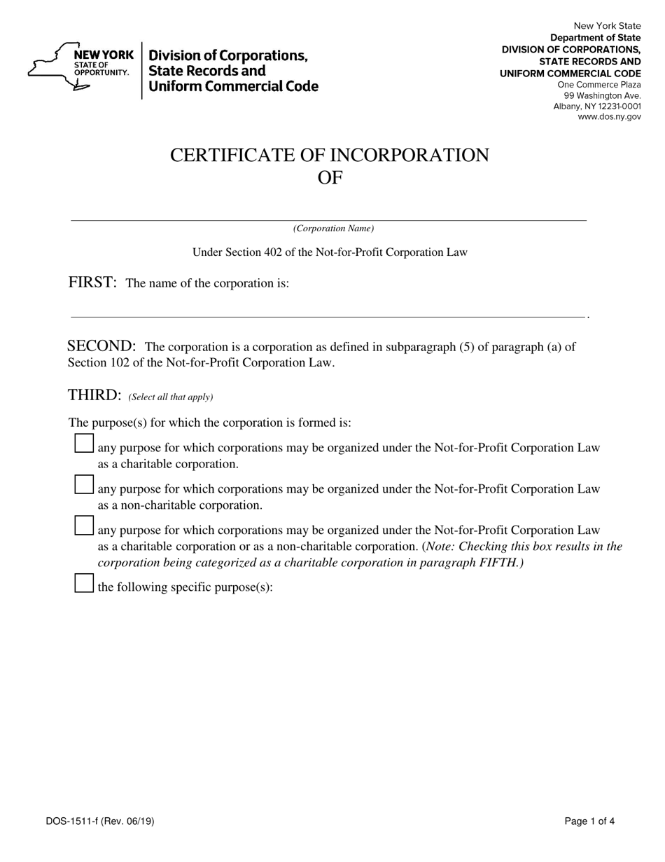 Form DOS 1511 F Download Fillable PDF or Fill Online Certificate of