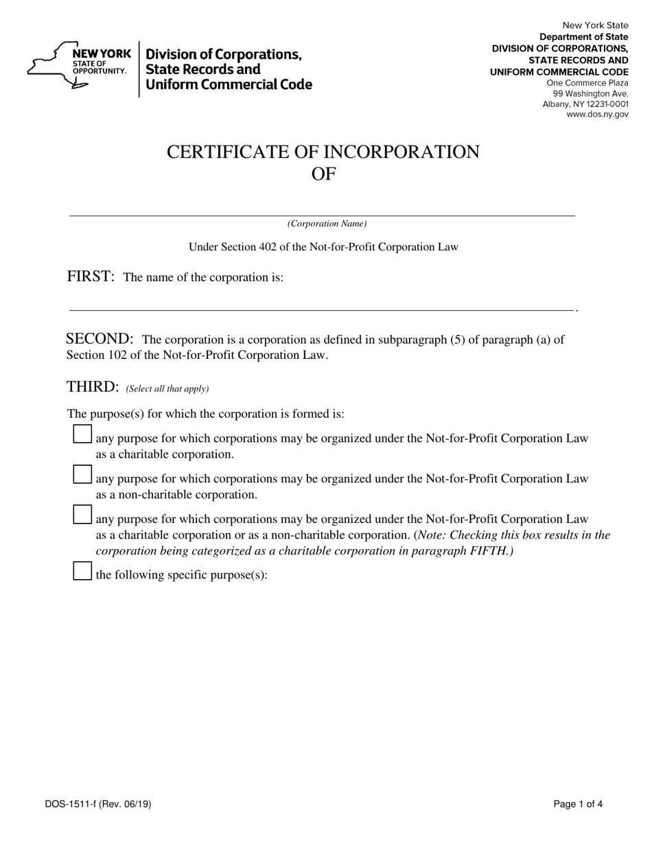 Form DOS-1511-F Certificate of Incorporation - New York, Page 1