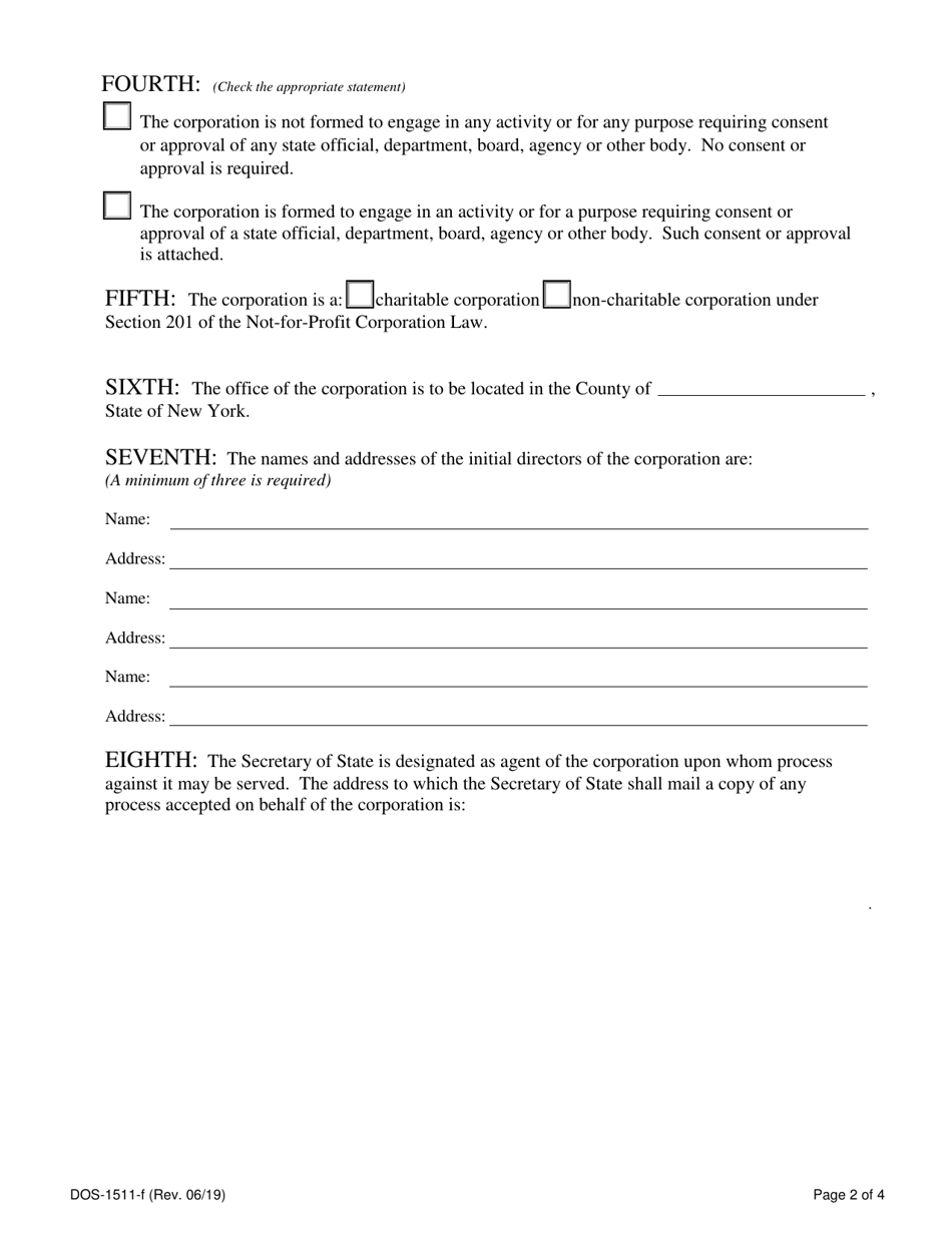 Form DOS-1511-F Certificate of Incorporation - New York, Page 2