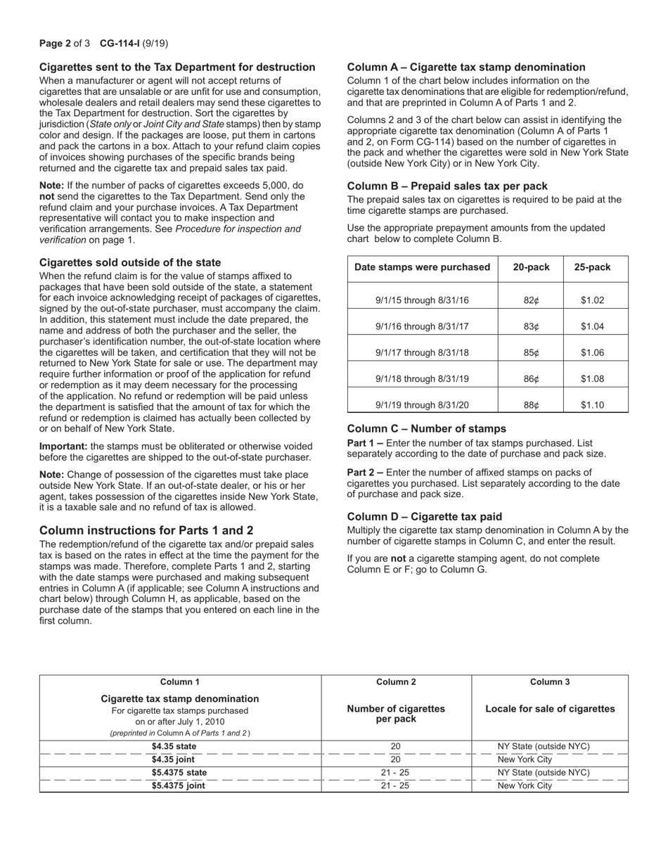 Instructions for Form CG-114 Claim for Redemption / Refund of Cigarette Tax Stamps and Prepaid Sales Tax - New York, Page 2