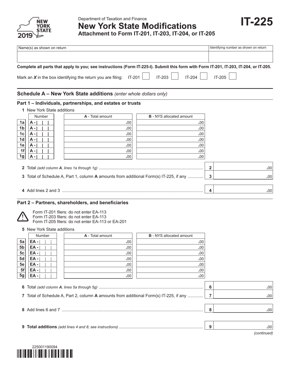 Form IT-225 New York State Modifications - New York, Page 1
