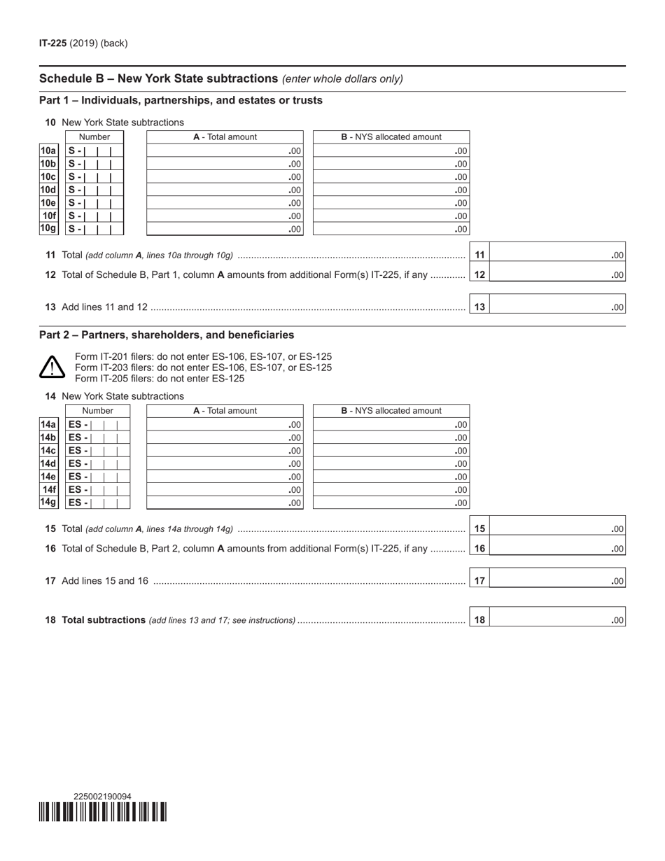 Form IT-225 New York State Modifications - New York, Page 2