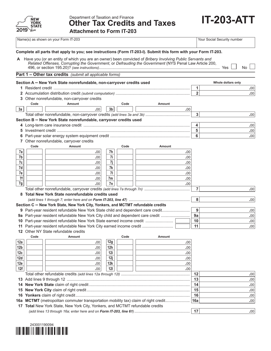 Form IT-203-ATT Other Tax Credits and Taxes - New York, Page 1