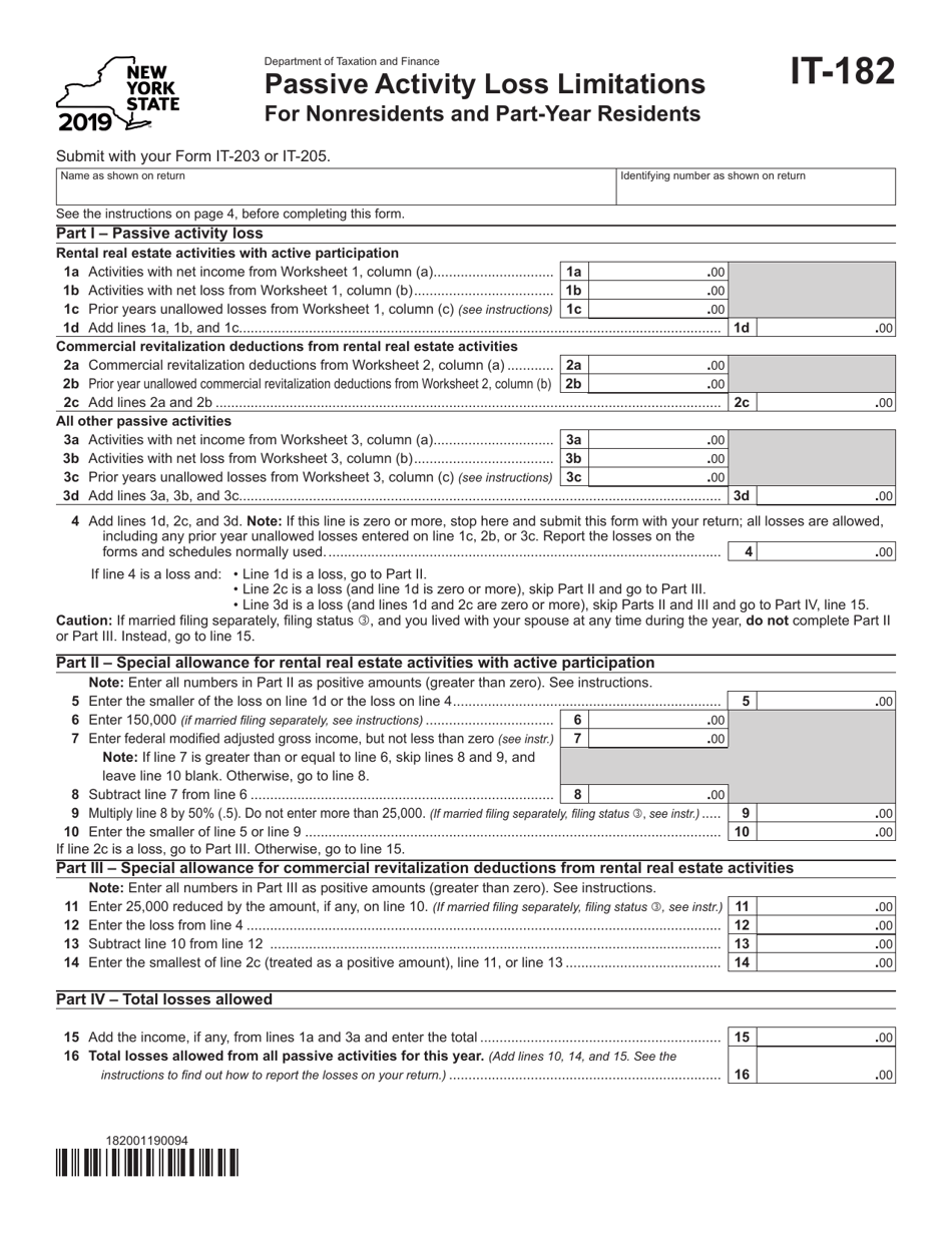 Form IT-182 Passive Activity Loss Limitations for Nonresidents and Part-Year Residents - New York, Page 1