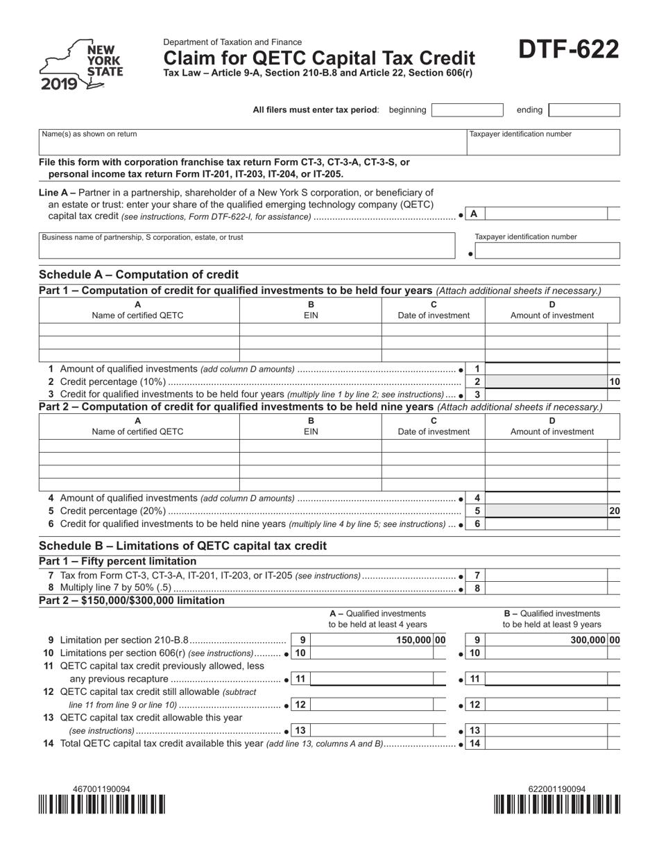 Form DTF-622 Claim for Qetc Capital Tax Credit - New York, Page 1