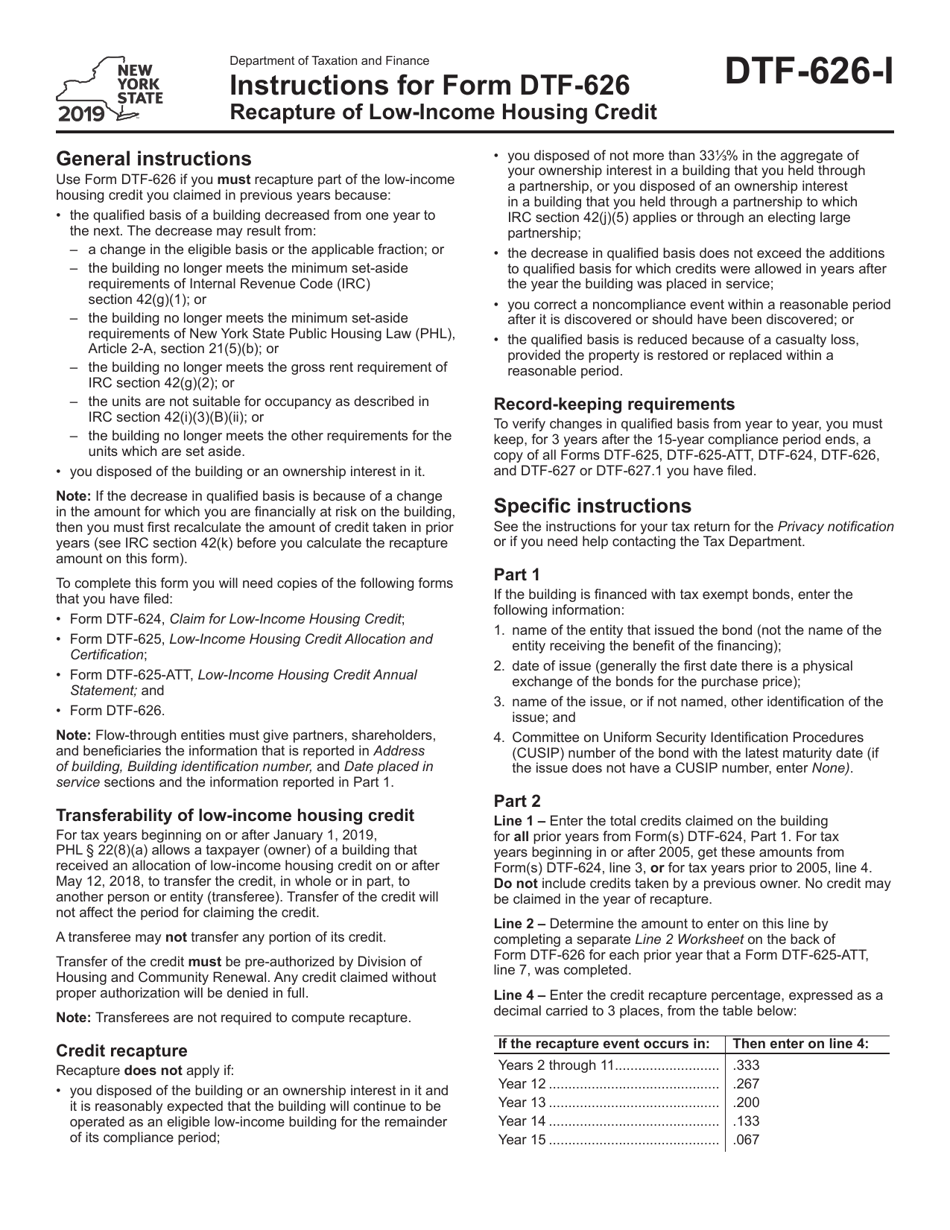 Instructions for Form DTF-626 Recapture of Low-Income Housing Credit - New York, Page 1