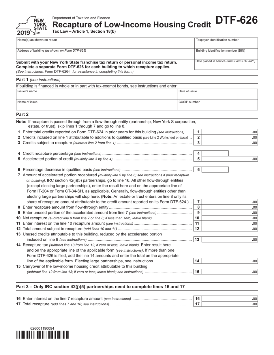 Form DTF-626 Recapture of Low-Income Housing Credit - New York, Page 1