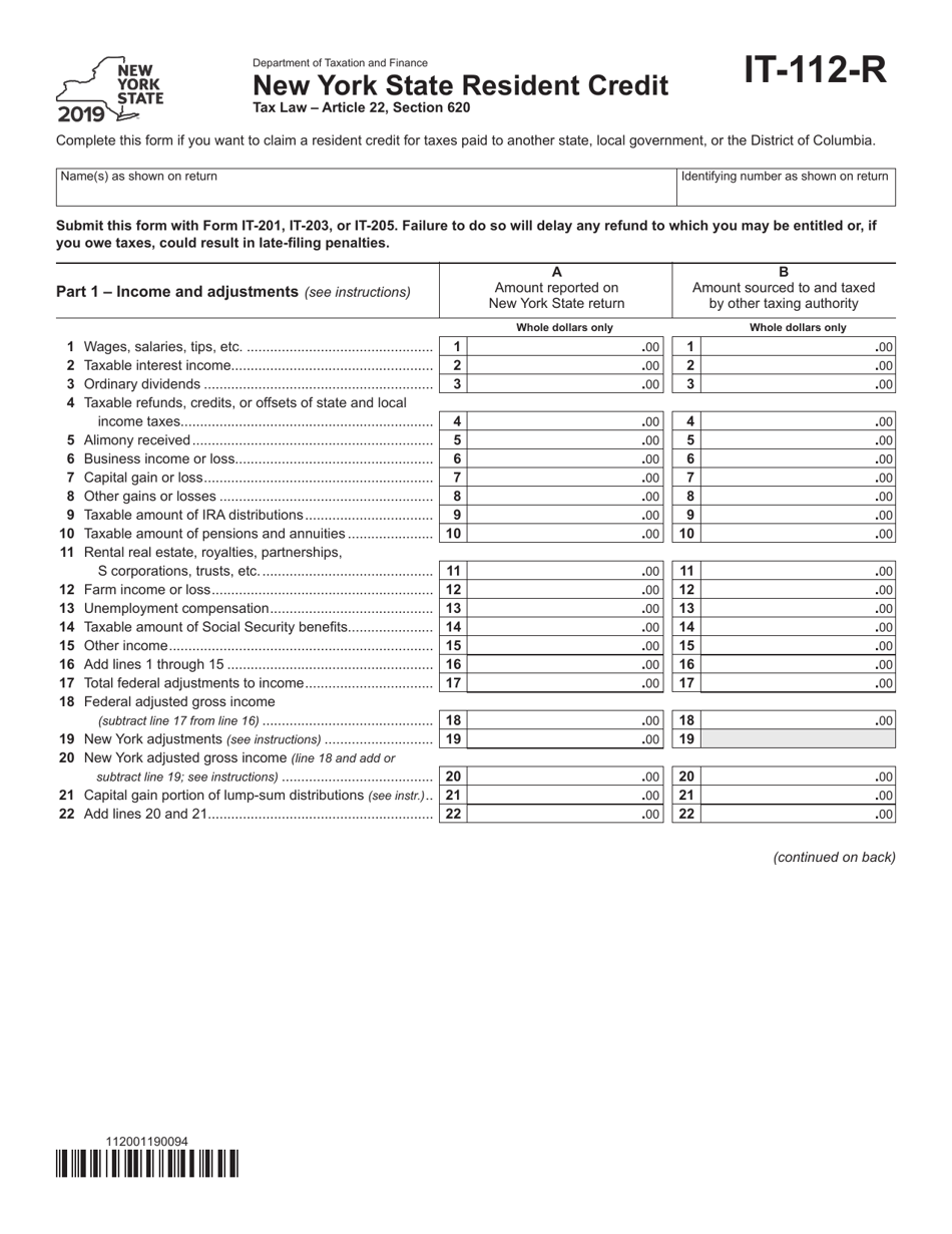 Form IT-112-R New York State Resident Credit - New York, Page 1