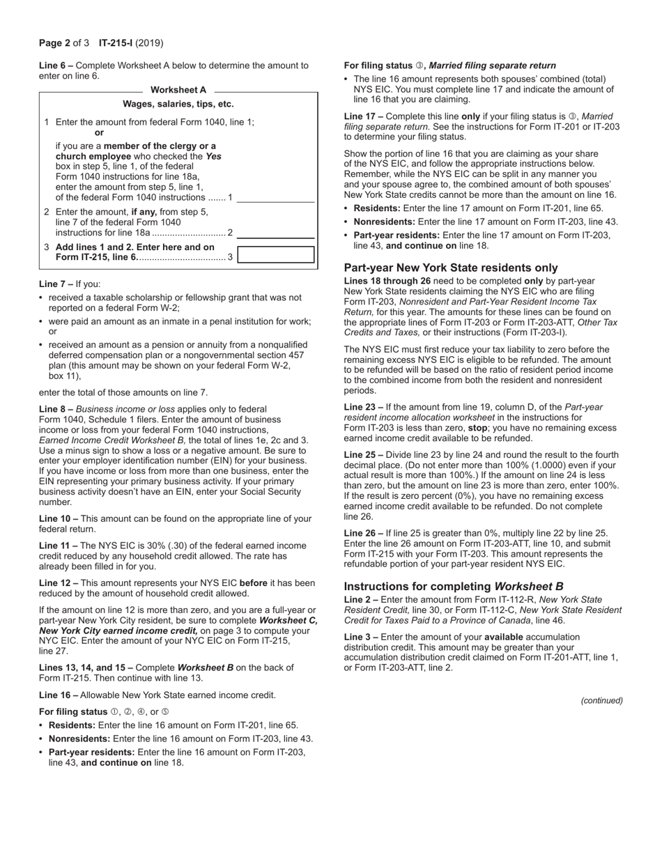 Instructions for Form IT-215 Claim for Earned Income Credit - New York, Page 2