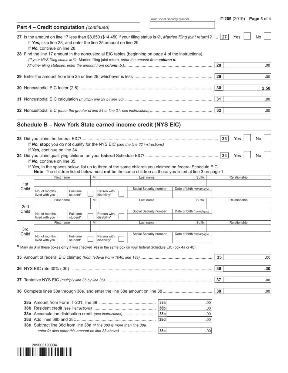 Form IT-209 Claim for Noncustodial Parent New York State Earned Income Credit - New York, Page 3