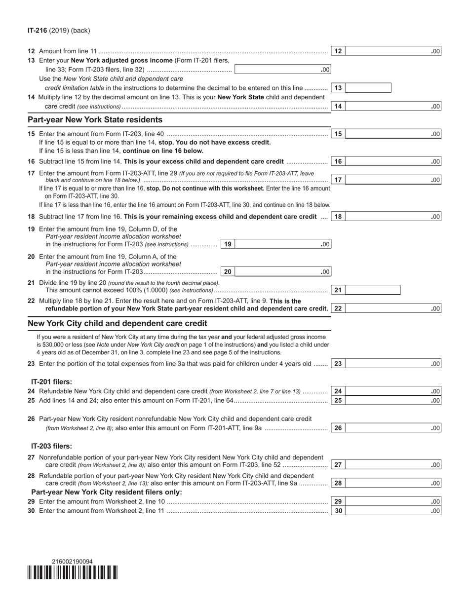 Form IT-216 Claim for Child and Dependent Care Credit - New York, Page 2