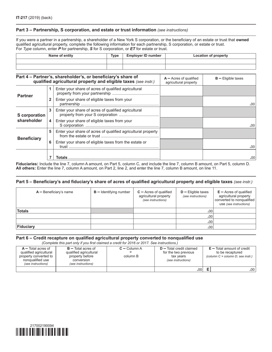 Form IT-217 Claim for Farmers School Tax Credit - New York, Page 2