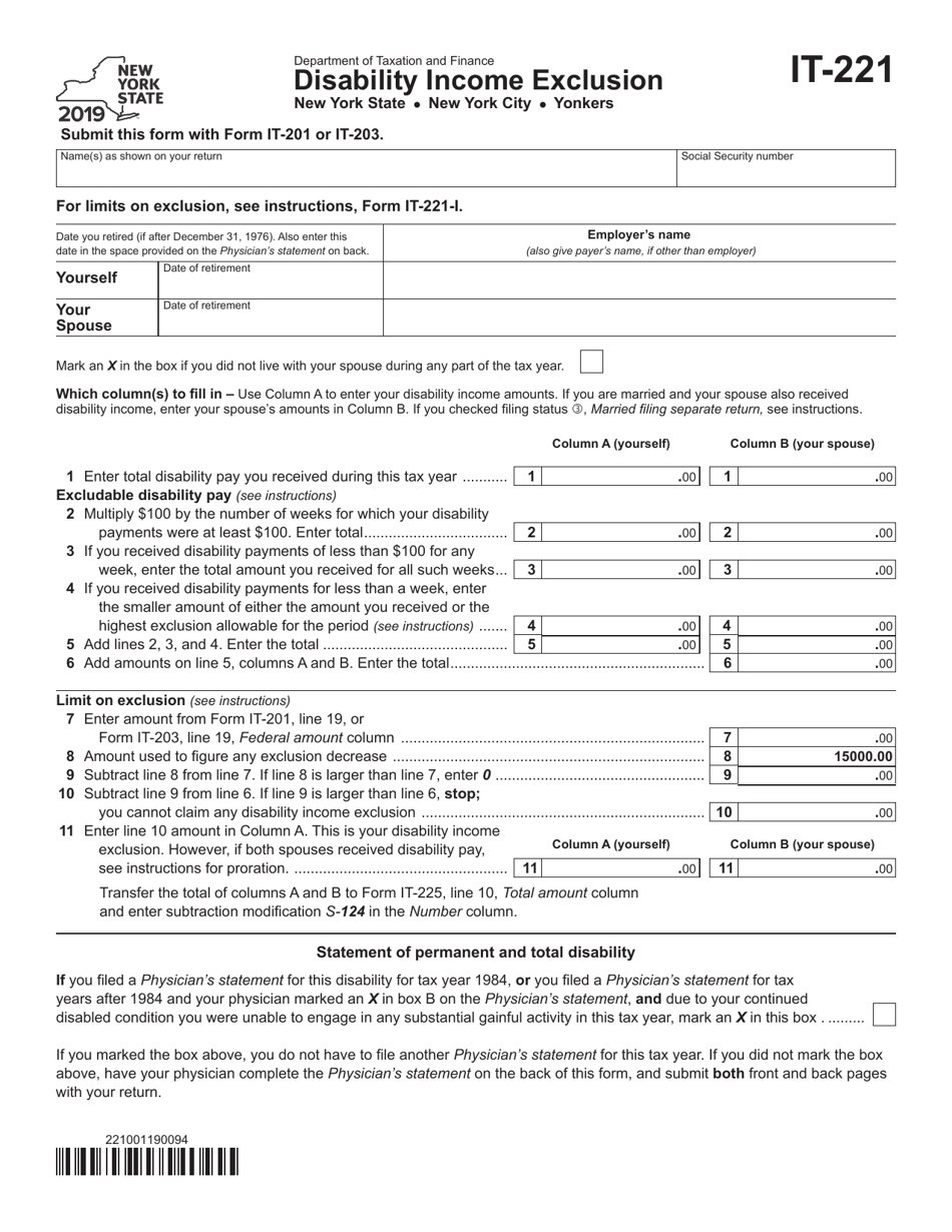 Form IT-221 Disability Income Exclusion - New York, Page 1