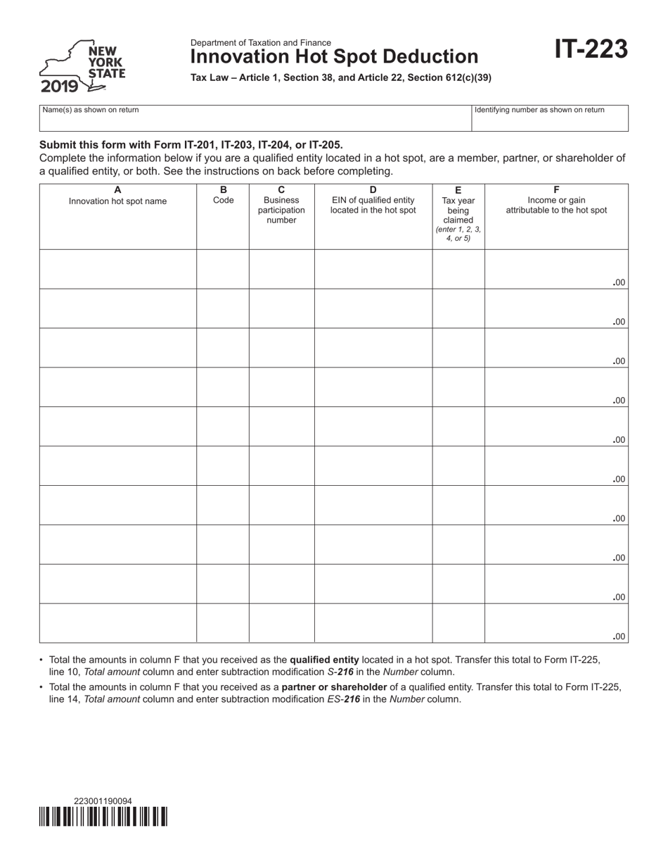 Form IT-223 Innovation Hot Spot Deduction - New York, Page 1