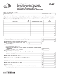 Form IT-222 General Corporation Tax Credit for Full-Year New York City Resident Individuals, Estates, and Trusts - New York