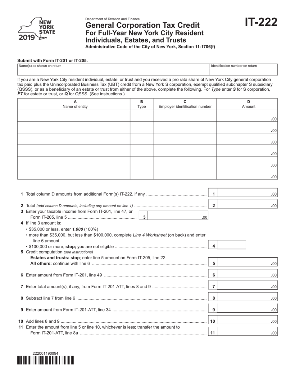Form IT-222 General Corporation Tax Credit for Full-Year New York City Resident Individuals, Estates, and Trusts - New York, Page 1