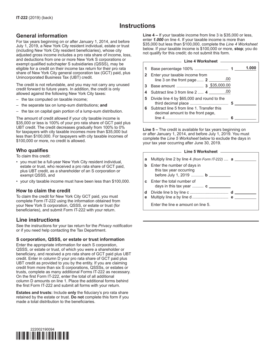 Form IT-222 General Corporation Tax Credit for Full-Year New York City Resident Individuals, Estates, and Trusts - New York, Page 2