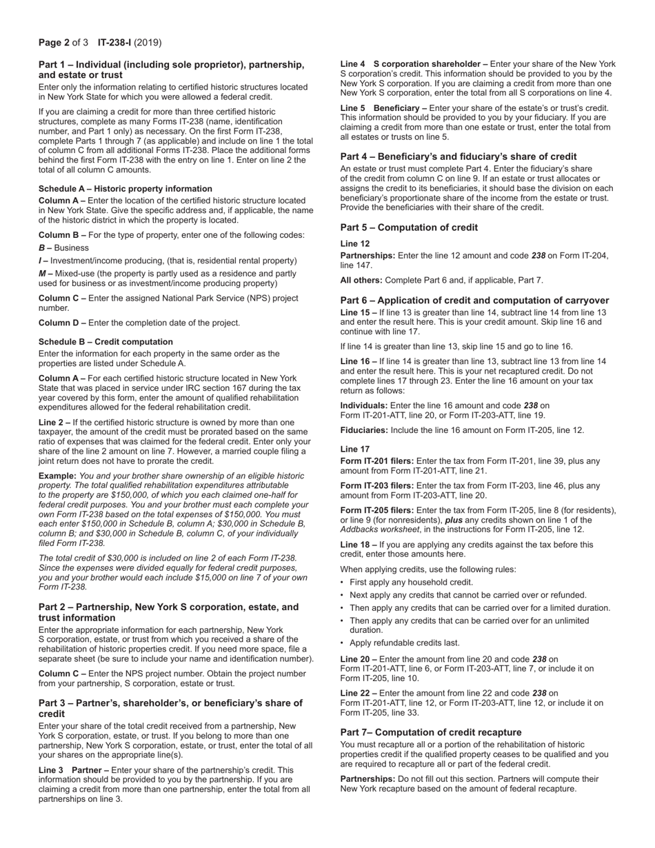 Instructions for Form IT-238 Claim for Rehabilitation of Historic Properties Credit - New York, Page 2