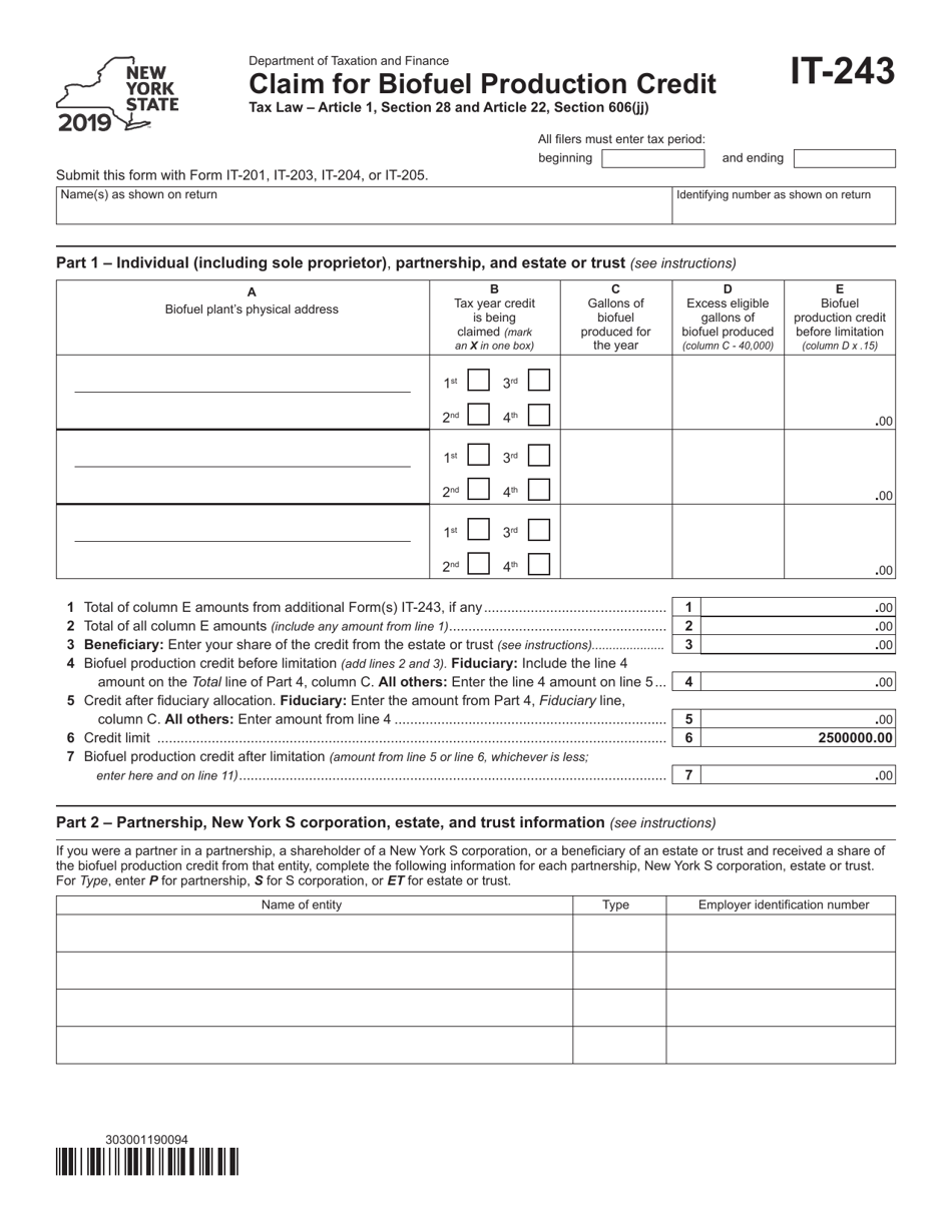 Form IT-243 Claim for Biofuel Production Credit - New York, Page 1