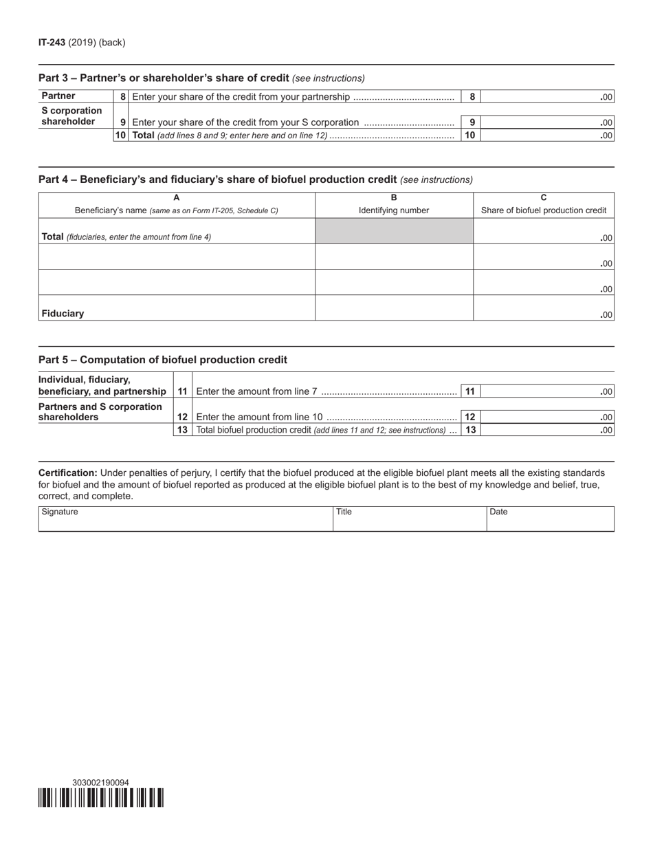 Form IT-243 Claim for Biofuel Production Credit - New York, Page 2