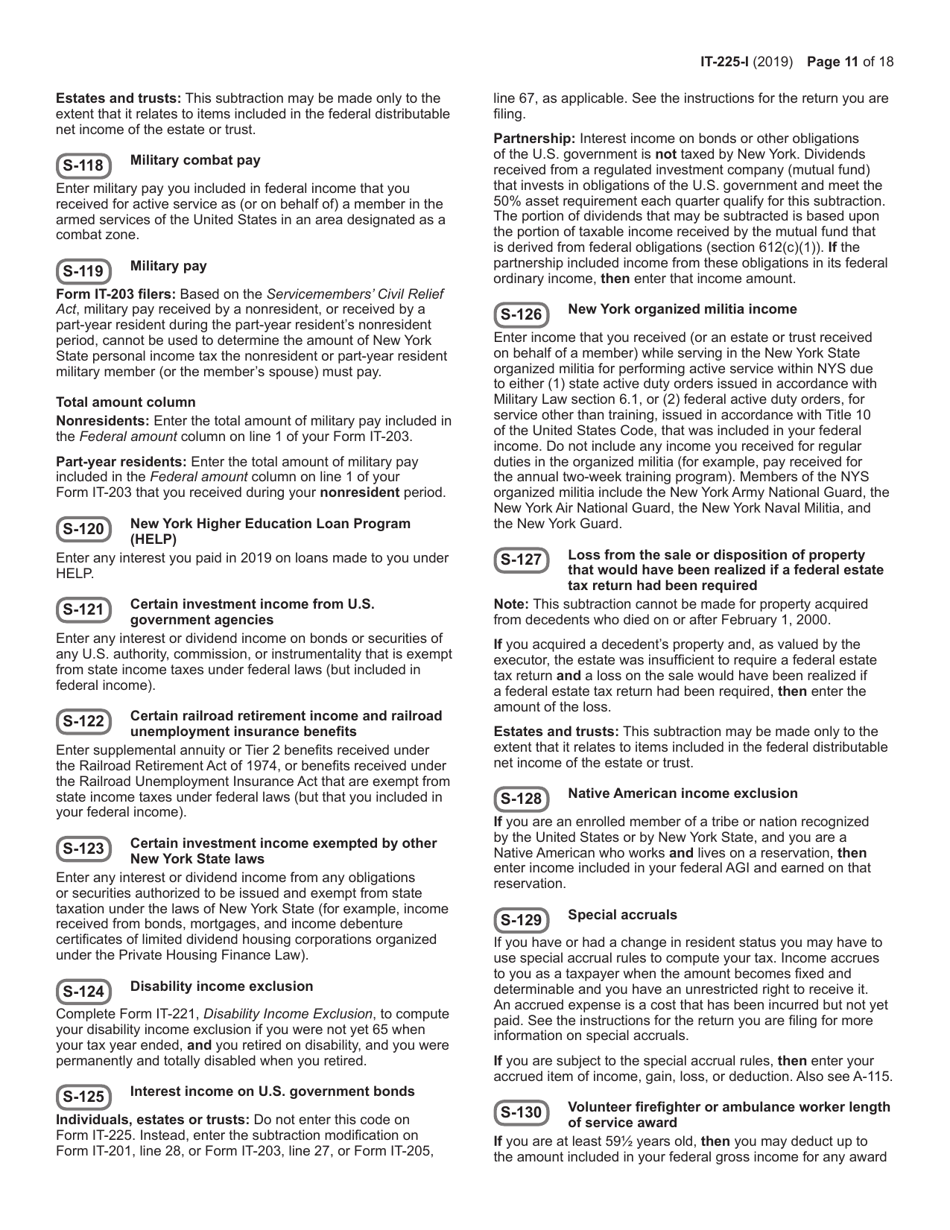 Instructions for Form IT-225 New York State Modifications - New York, Page 11