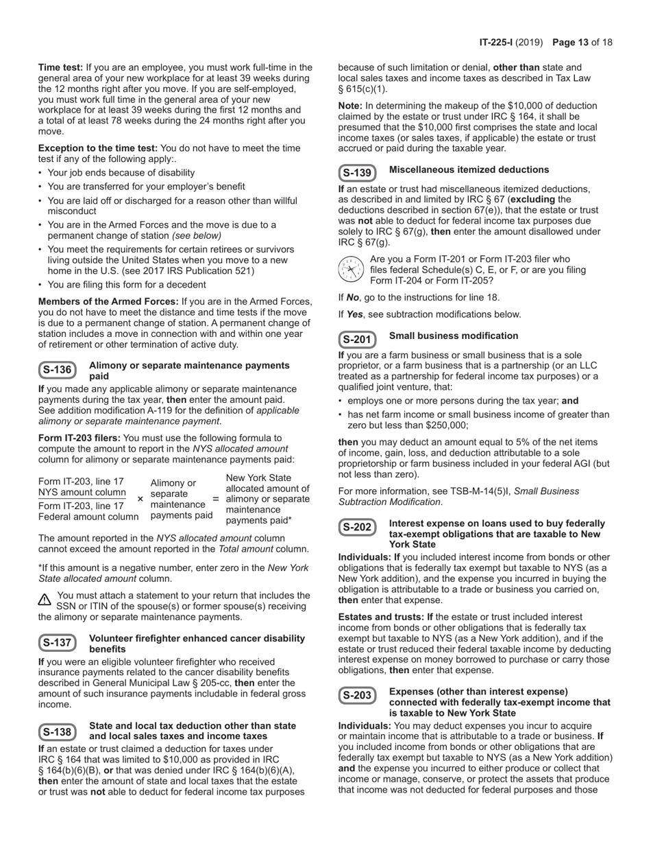 Instructions for Form IT-225 New York State Modifications - New York, Page 13