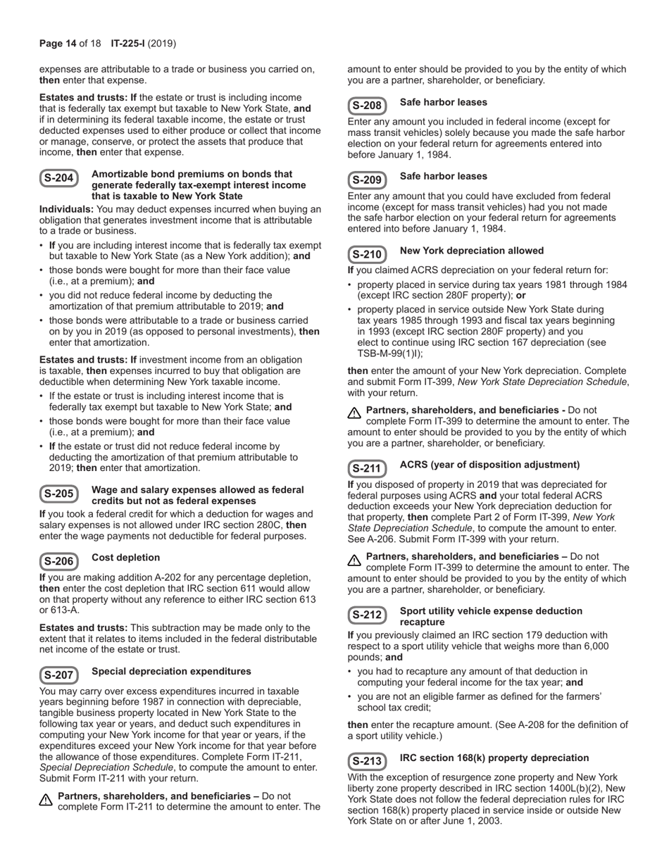 Instructions for Form IT-225 New York State Modifications - New York, Page 14