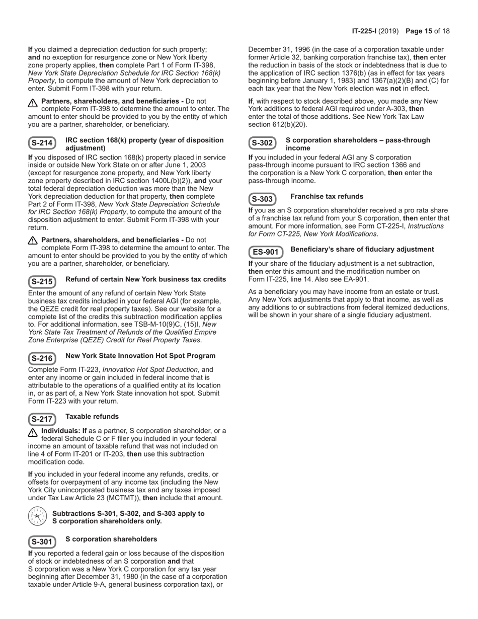Instructions for Form IT-225 New York State Modifications - New York, Page 15