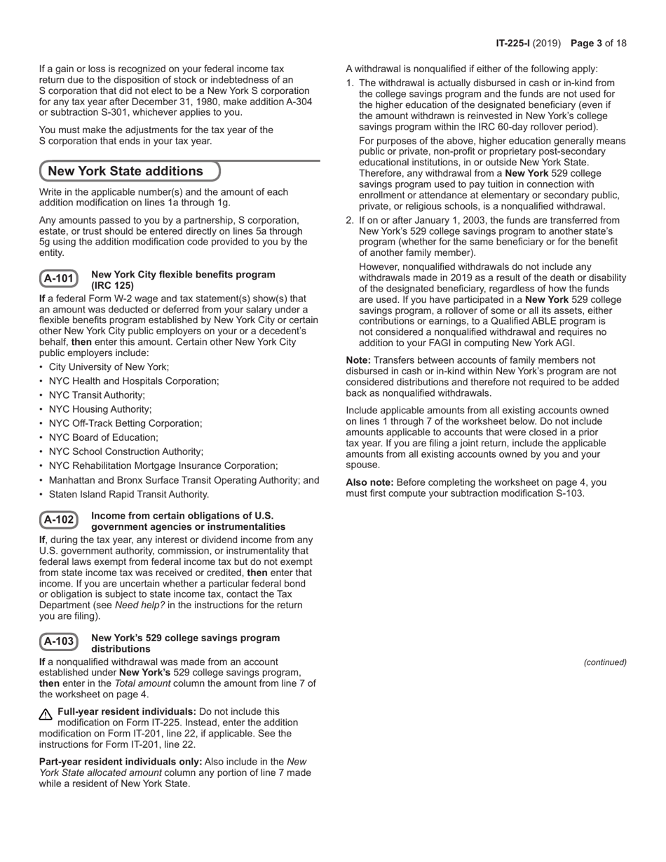 Instructions for Form IT-225 New York State Modifications - New York, Page 3