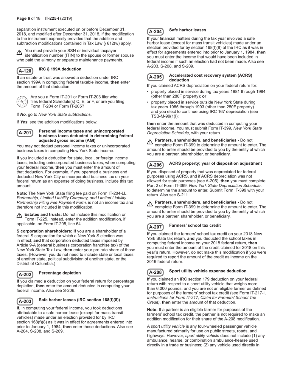 Instructions for Form IT-225 New York State Modifications - New York, Page 6