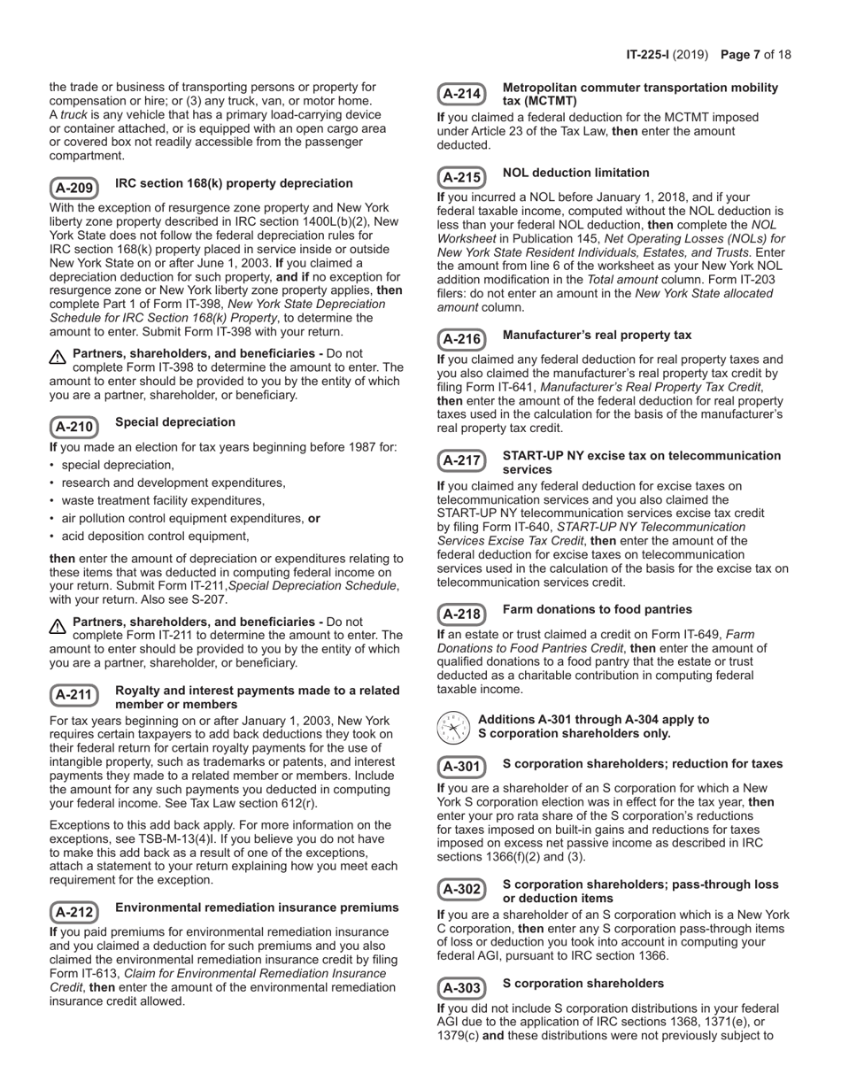 Instructions for Form IT-225 New York State Modifications - New York, Page 7