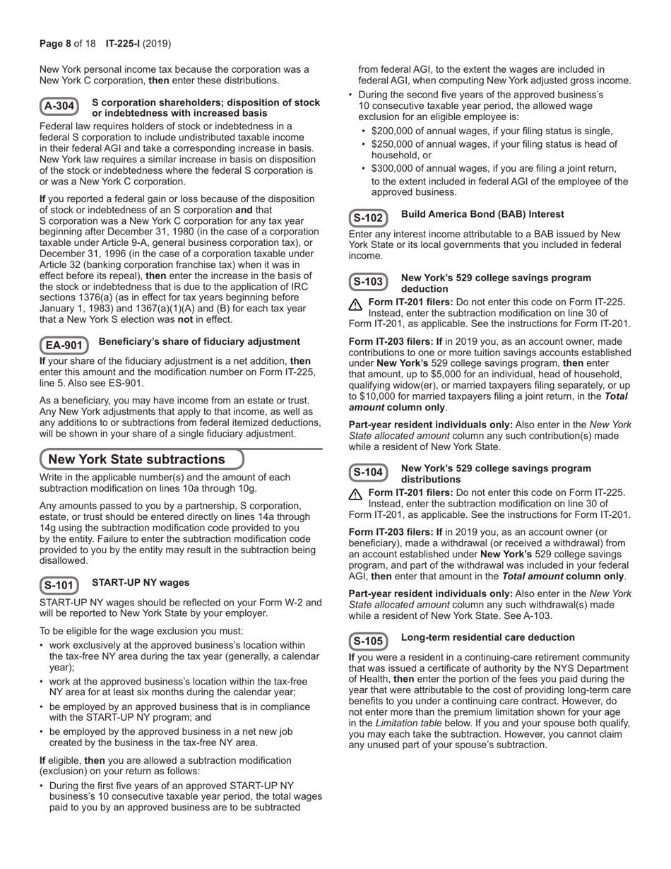 Instructions for Form IT-225 New York State Modifications - New York, Page 8