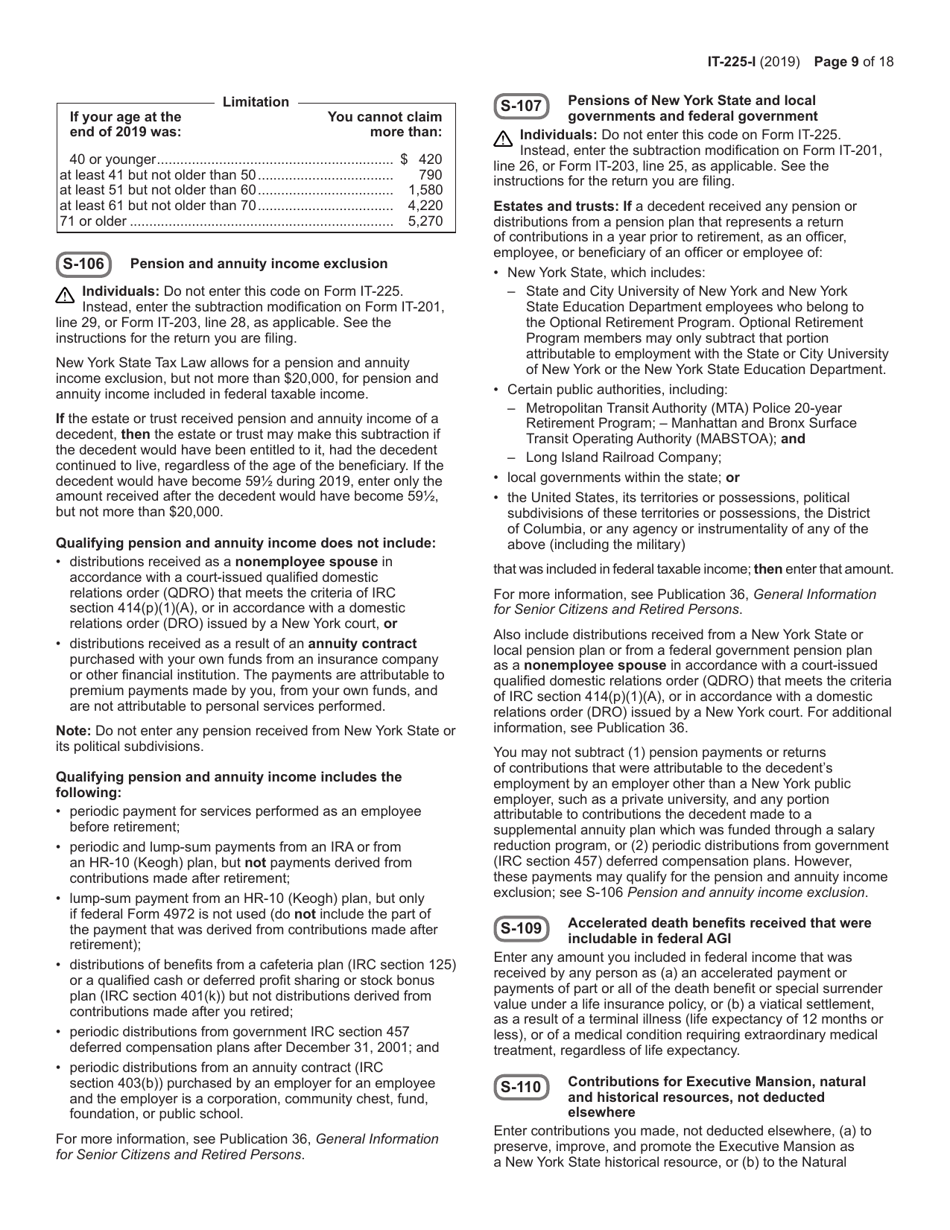 Instructions for Form IT-225 New York State Modifications - New York, Page 9